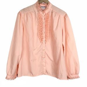 VINTAGE Blouse Lace Ruffle Long Sleeve Button Up Edwardian Victorian Revival 40